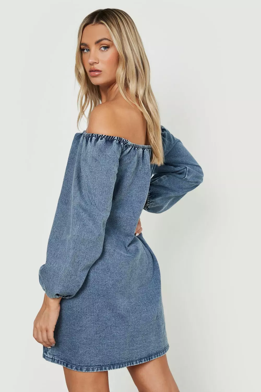 Boohoo denim off store the shoulder dress